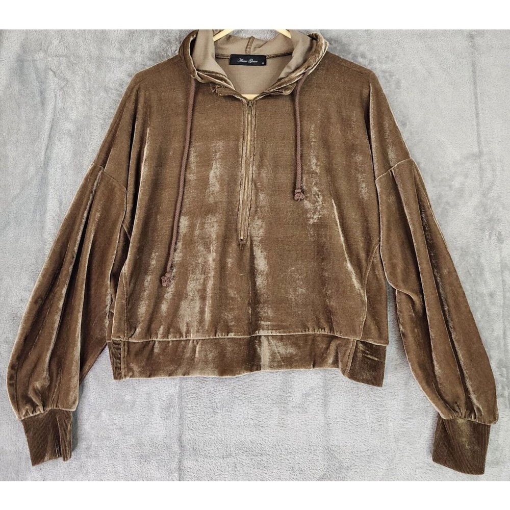 Anna Grace Hoodie Womens Small Gold Brown Retro Soft Velour 1/2 Zip Pullover - Picture 1 of 12